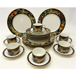  Chase 'Jaguar Jungle' pattern part tea and dinner set for six persons, designed by Lynn Chase and decorated with 24 karat gold, originally purchased at Harrods (24)  