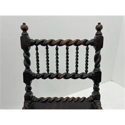Unusual pair late 17th century oak spindle-back chairs, barley twist or spiral turned throughout, the back with a row of six vertical turned spindles, the supports joined by two lower rails and front central rail, plank seats

Provenance - The chairs illustrated in 'Early British Chairs and Seats 1500-1700' by Tobias Jellinek (Pub: Antique Collectors Club. 2009. p 313). Previous part of a private collection. Vendor purchased from auction 2014.

Measurements - seat width - 48cm, seat height - 38cm/36cm, depth - 50cm, total height - 85cm/82cm