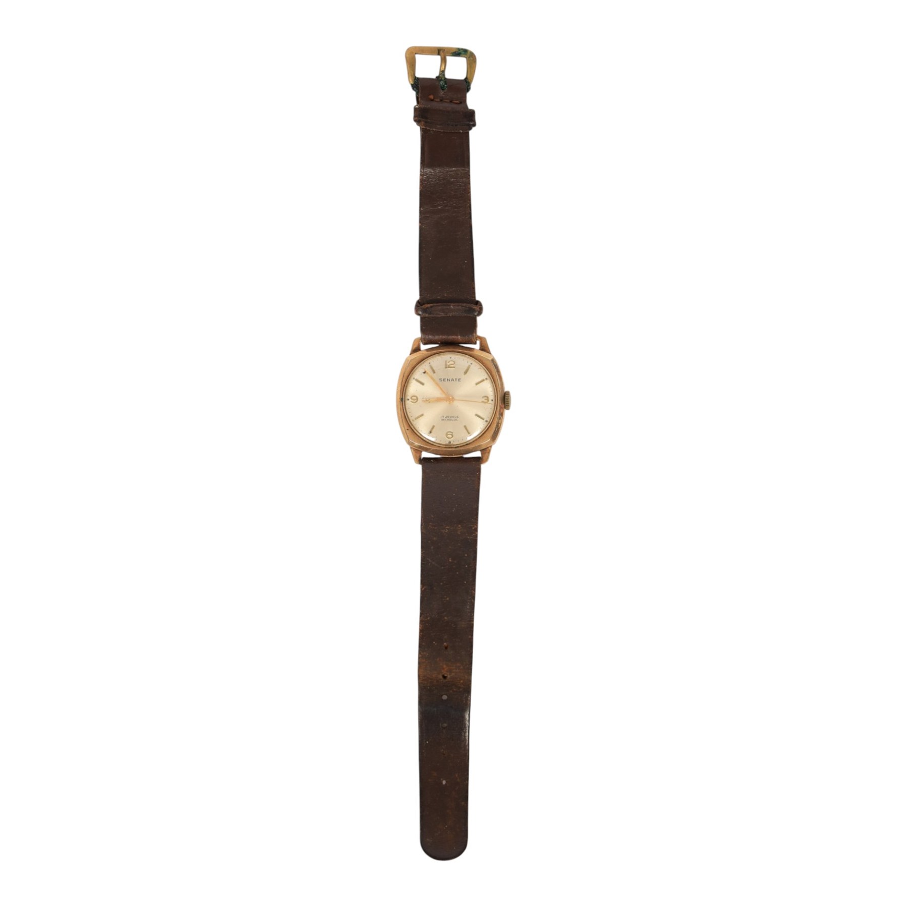 Senate 9ct rose gold manual wind wristwatch, hallmarked, on brown leather strap