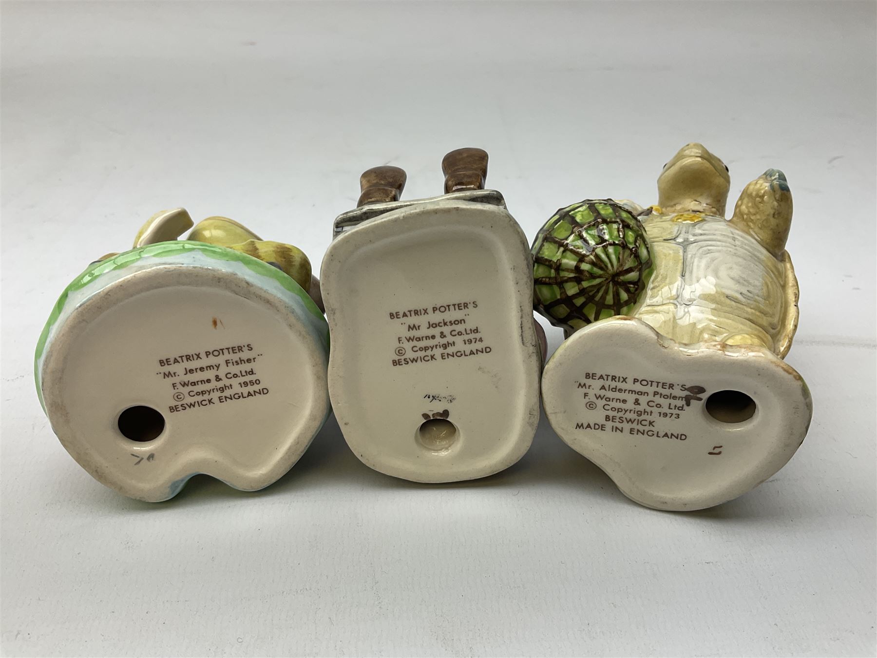 Seven Beswick Beatrix Potter figures, comprising Sir Isaac Newton, Mr Jackson, Tommy Brock, Pickles, Mr Jeremy Fisher, Mr Alderman Ptolemy and Sally Henny Penny, all with printed mark beneath  