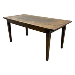 Late 20th century oak farmhouse table, rectangular plank top with breadboard ends and frieze drawer, on square tapered supports