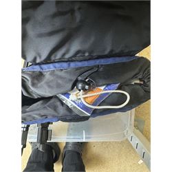 Collection of cameras and camera equipment, including Voigtlander Vitomatic I, Nikon Coolpix P340, Nikon Coolpix S9100, Olympus SP-510UZ, tripod, cases, etc