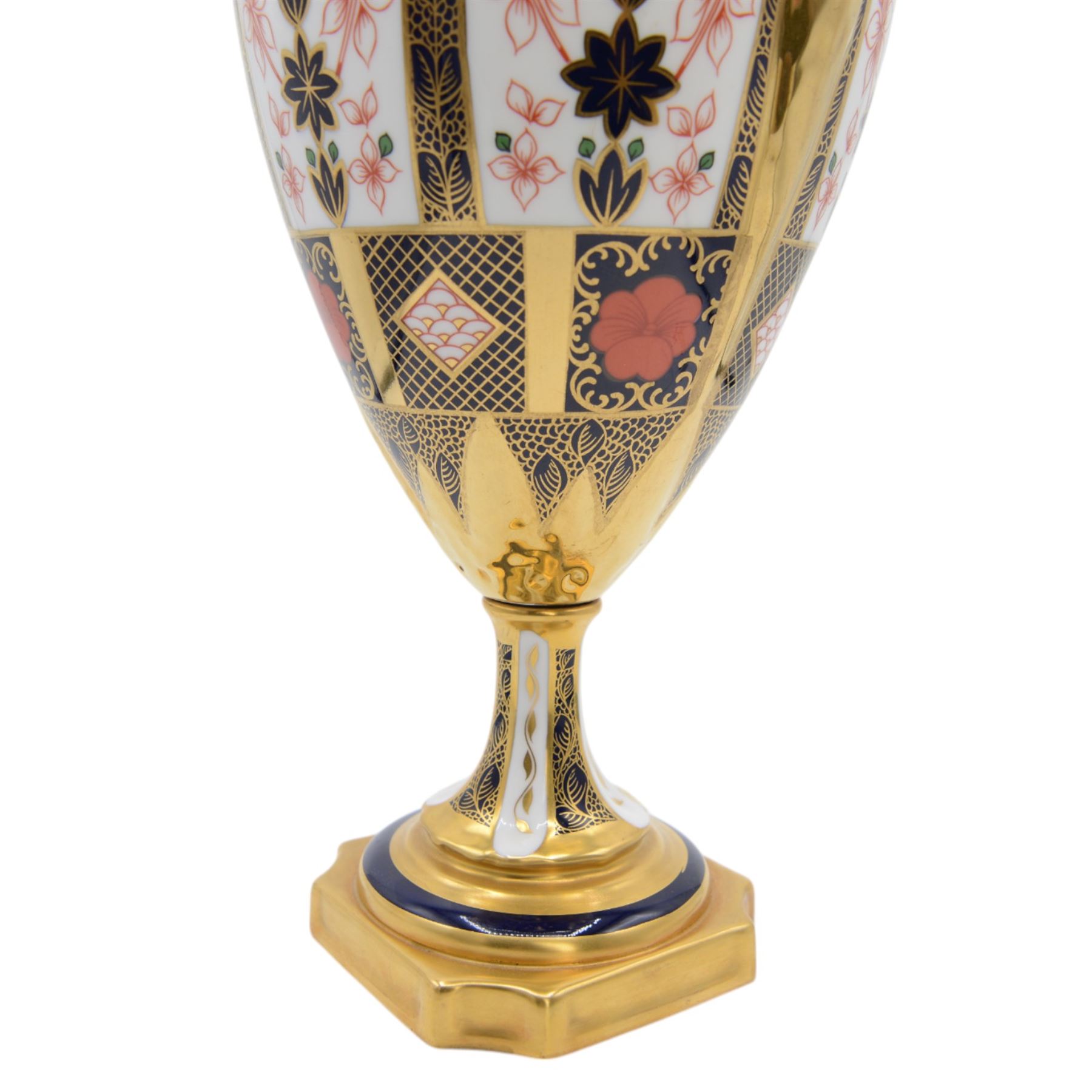 Royal Crown Derby Imari 1128 pattern twin handled urn, with printed mark beneath, second quality, H44cm