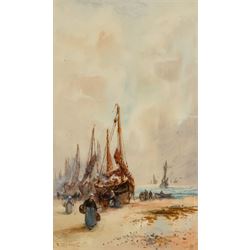 Frank Rousse (British fl.1897-1917): Unloading the Boats, watercolour signed 49cm x 29cm