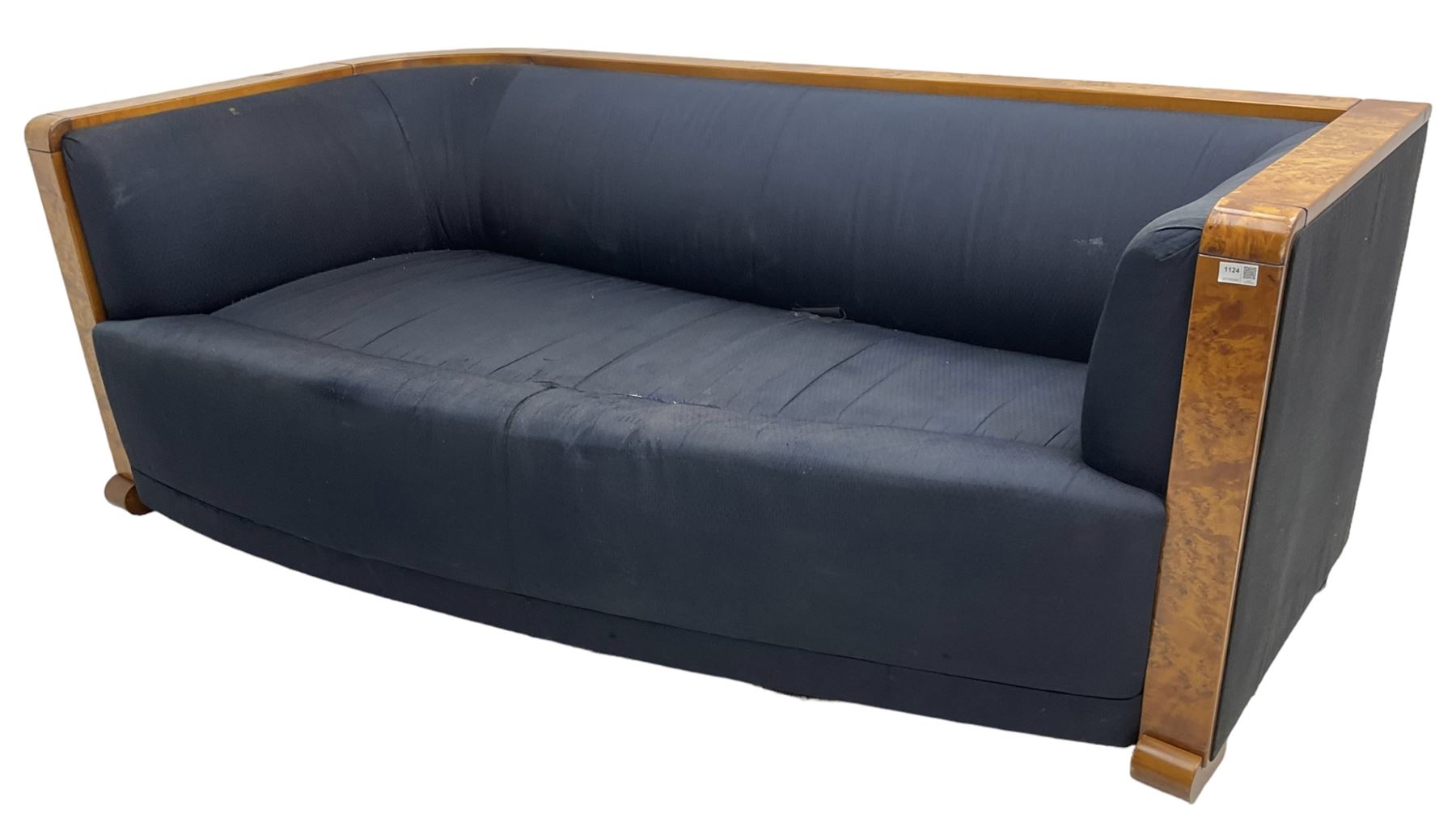 Thormer Polstermobel - Art Deco design three seat sofa, of curved tapering form, upholstered in midnight blue fabric, framed in figured burr elm