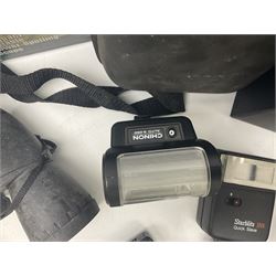 Yukon rubber armoured compact variable power spotting scope (boxed), together with Bresser 10x50 binoculars, Bushnell Excursion 10x42 binoculars, camera equipment etc  