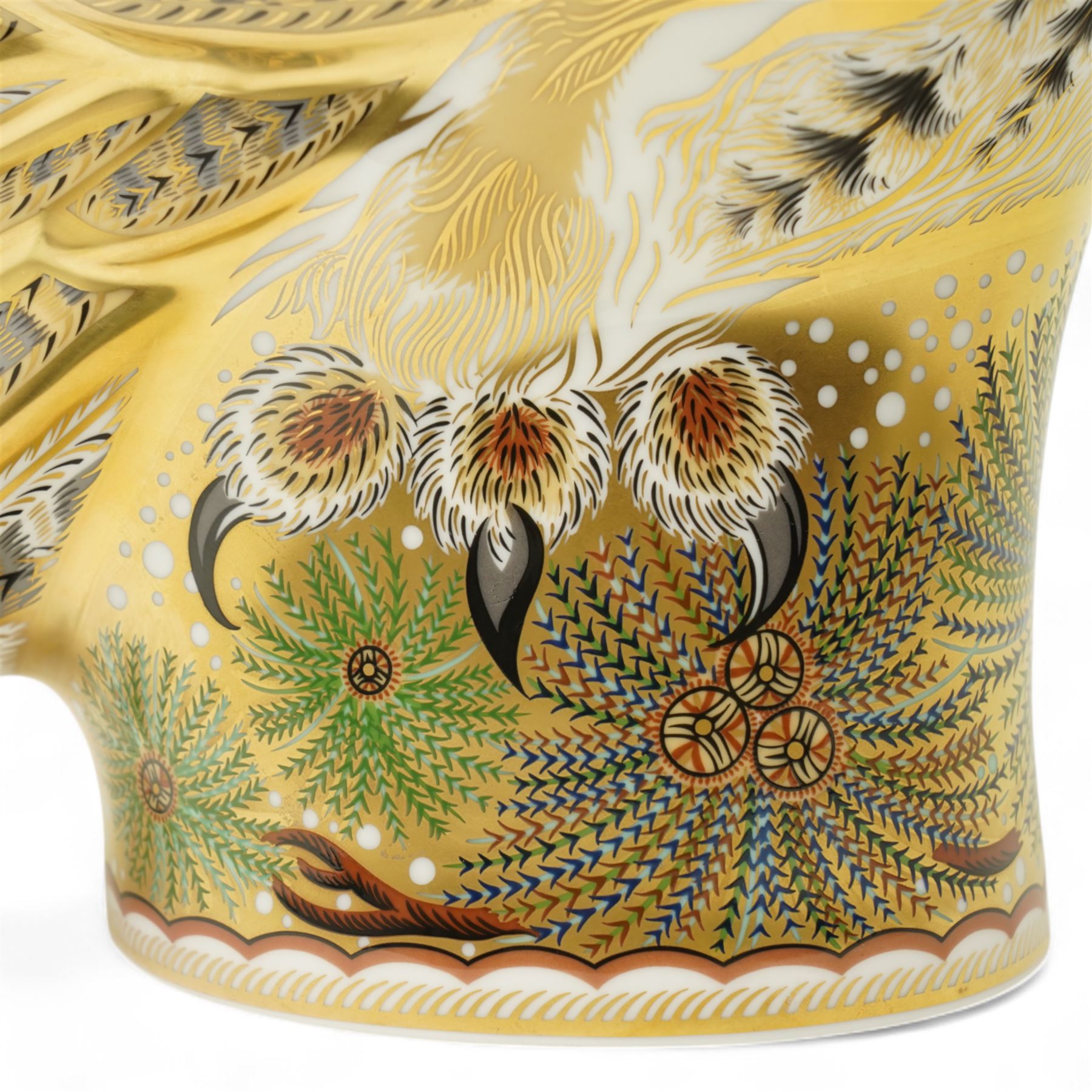 Royal Crown Derby Imari: Long Eared Owl, limited edition paperweight No 114 of 300, designed by Tien Manh Dinh signed by Hugh Gibson and with gold stopper and certificate H27cm