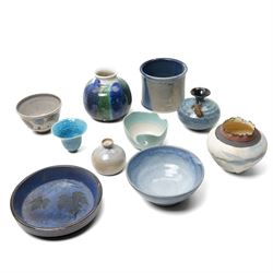 Collection of studio pottery, in blue glazes, artists to include David Morris and Alison S...