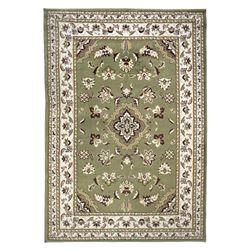 Turkish Sincerity Royale green ground rug, the field decorated with a central floral medallion surrounded by scrolling floral motifs in shades of cream, beige, and burgundy, spandrels filled with matching floral designs, the border featuring a series of floral patterns on a cream ground, finished with green edges