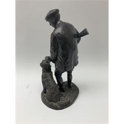 Bronzed figure of a man with a shotgun and a dog, impressed W Elphick 1979, H23cm