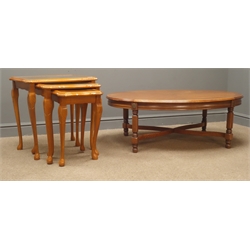  Oval coffee table, turned and reeded legs joined by stretchers, (W112cm, H41cm, D77cm) and a nest of three inlaid tables cabriole legs  