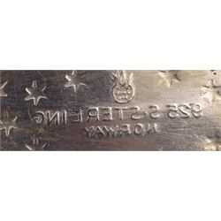 Pair of mid 20th century silver horseshoe napkin rings, hallmarked Francis Howard Ltd, Sheffield 1959, in velvet and silk lined fitted case, together with a Norwegian silver open salt, in the form of a Viking long boat, stamped 925 S Sterling Norway to base, with Norwegian silver salt spoon, stamped Sterling Norway and blue glass liner, H4.4cm, approximate weighable silver 2.5 ozt (77.6 grams)