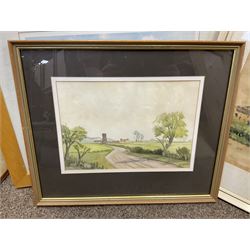 G A Townsend (British 20th century) 'The Trout Inn', watercolor signed and dated; M C W (British 20th century) The Wolds watercolor signed and dates, together with another watercolour and three landscape prints