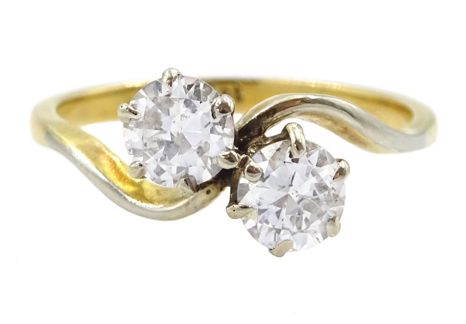 18ct gold two stone round brilliant cut diamond crossover ring, stamped, total diamond weight approx 0.75 carat