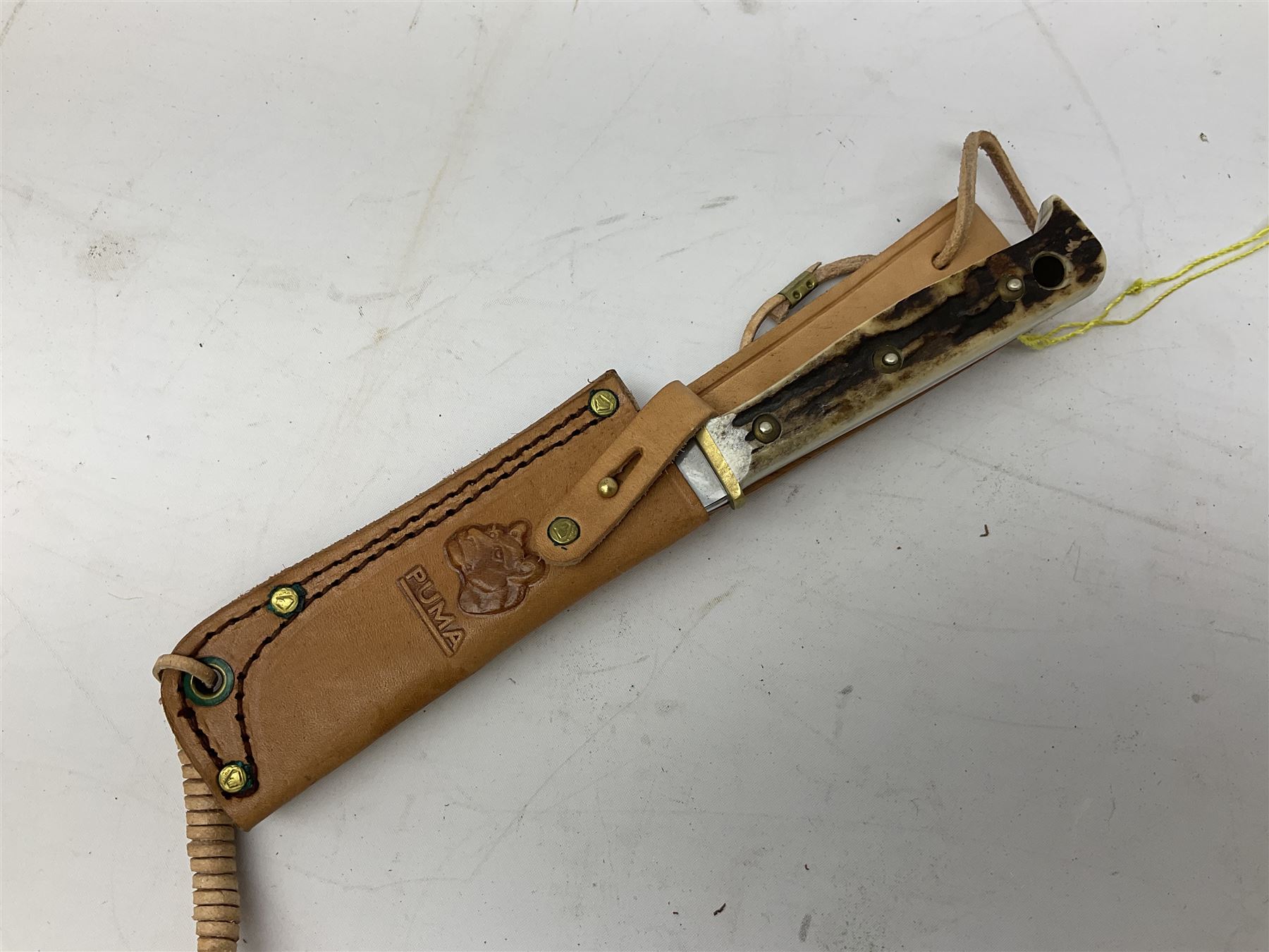 German Puma Hunter's-Pal knife, the 10cm steel blade marked model 6397, serial No.72573 to guard, fixed blade, antler scales; in original hard plastic case with paperwork and guarantee label; with brown leather sheath marked Puma L22.5cm overall