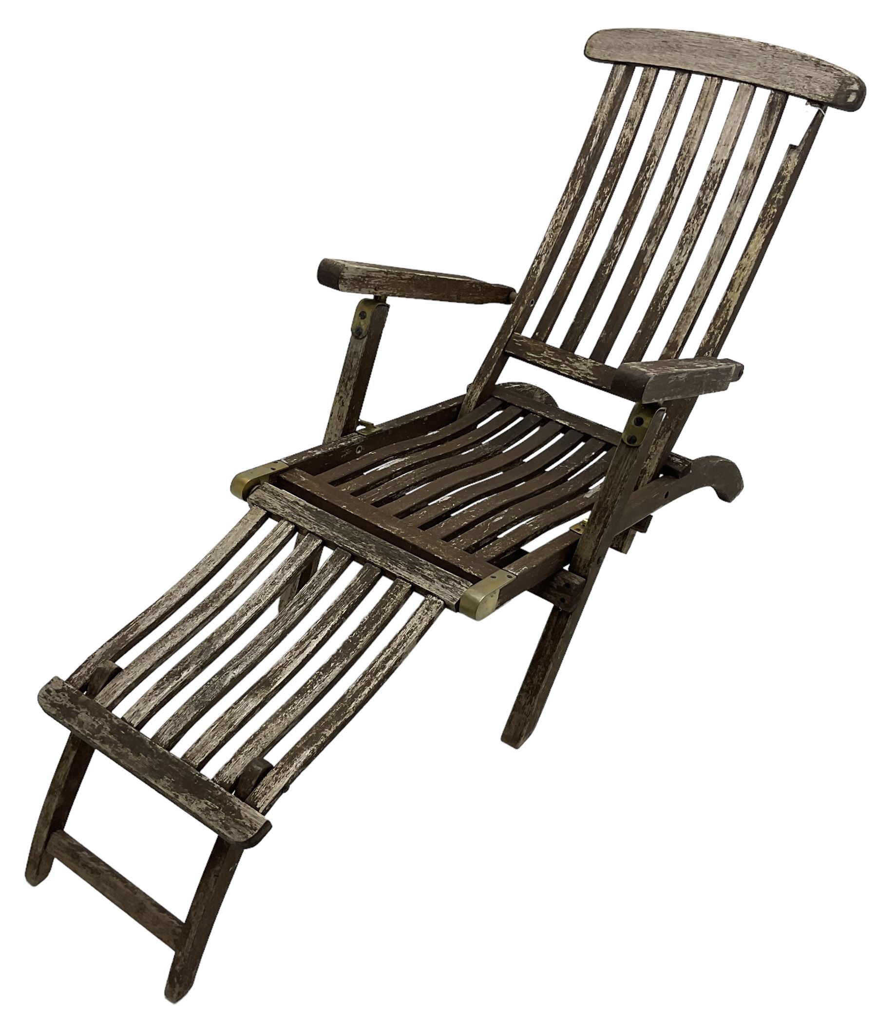 Hardwood framed folding garden steamer chair with fold-out foot rest 