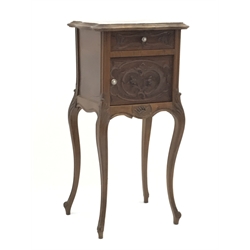 French walnut shaped marble top bedside cabinet, single drawer above marble lined cupboard, acanthus carved cabriole legs on scrolled feet, W44cm, H87cm, D38c  