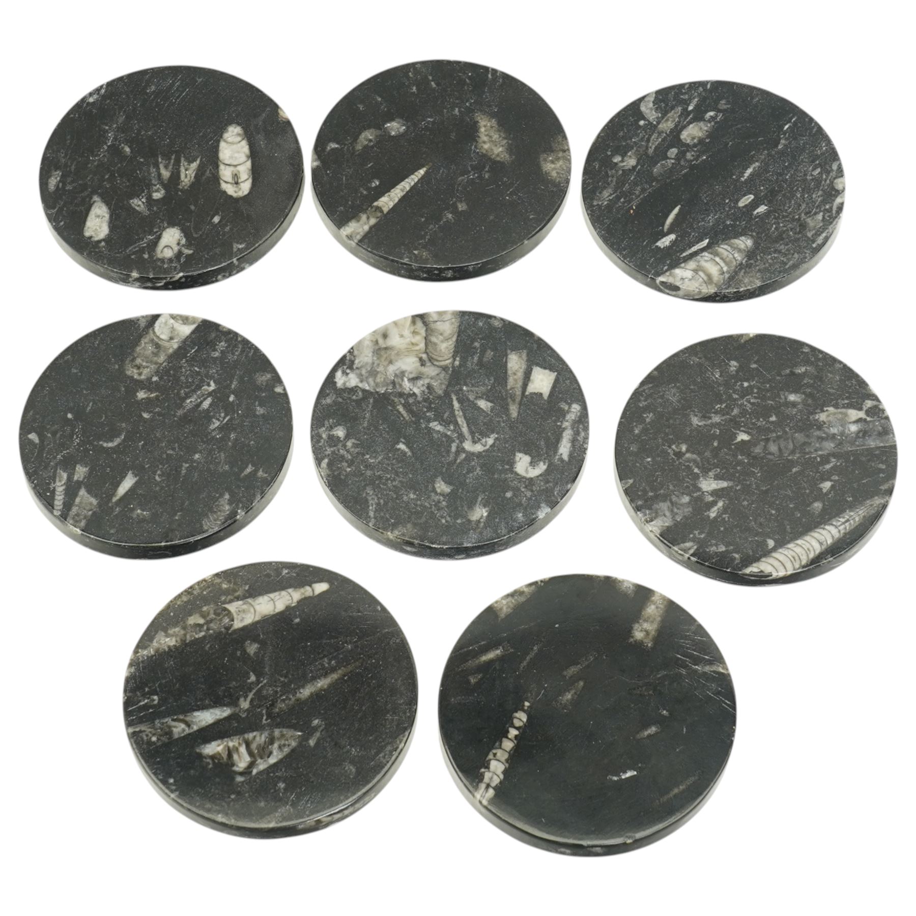 Set of eight coasters with fossil inclusions, W9cm (8)