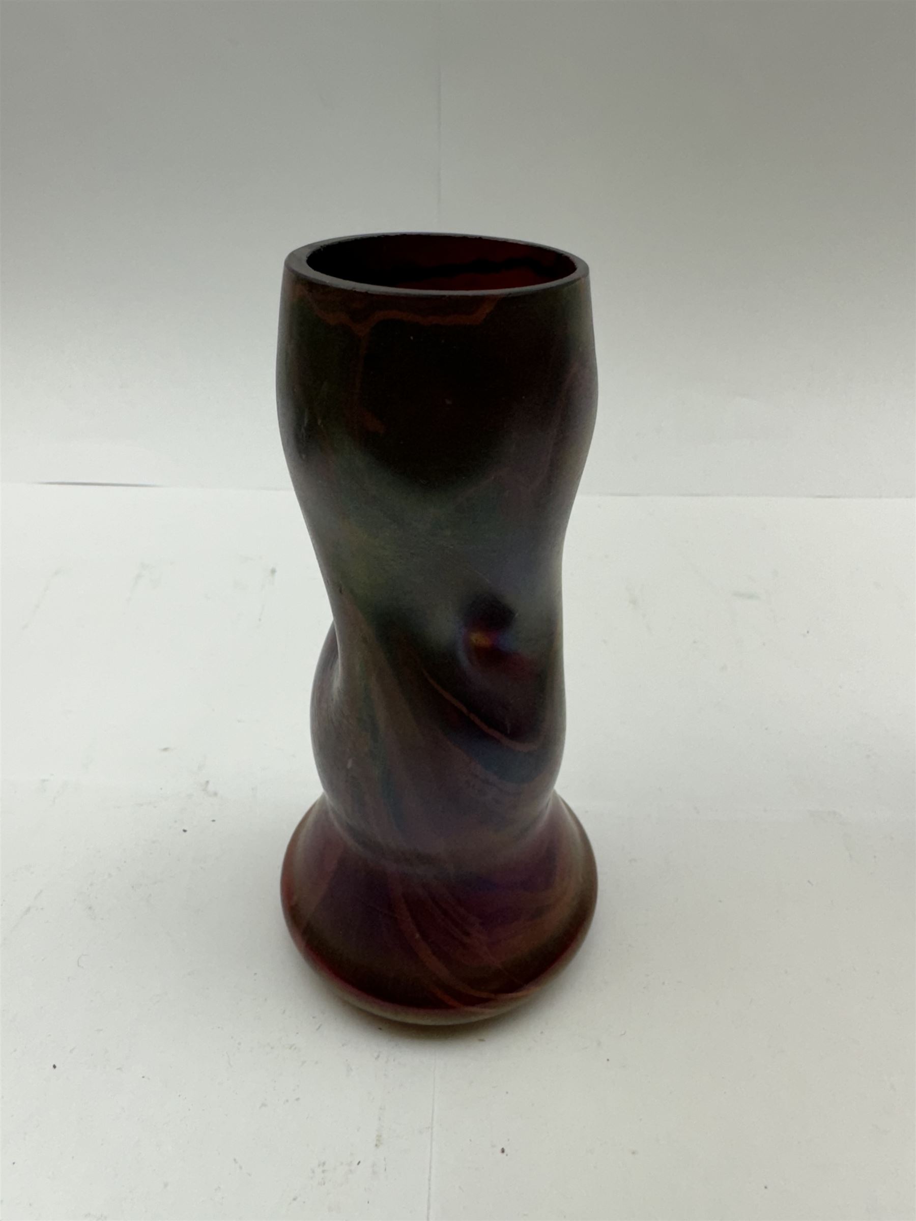 Five Austrian Art Nouveau glass vases, to include Pallme-Konig example with split fluted rim, two similar Kralik examples with threaded vein decoration and two others, tallest H21.5cm