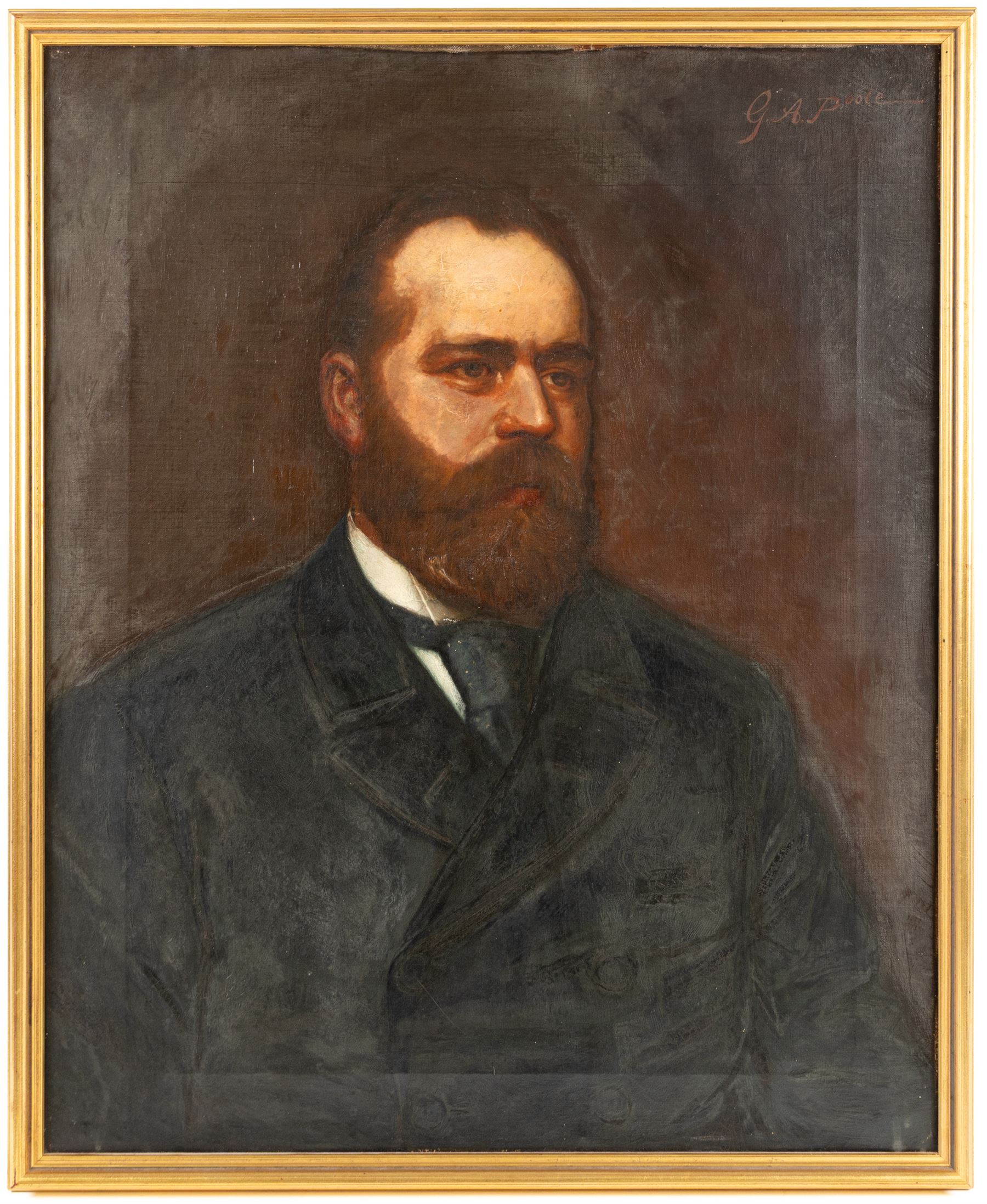 George Augustus Poole (British 1861-1932): Portrait of Joseph Cooper and Maria Cooper, pair oils on canvas signed 68cm x 55cm (2)
Notes: Joseph Cooper invented the 'Go-Through' lace making machine and other lace making equipment which revolutionised lace making in Nottinghamshire.