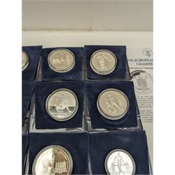 Twenty-two The Royal Mint silver medallions from the '1996 European Football Championship' collection, including 'Floodlights', 'First Match Germany vs England 1899', 'Gordon Banks', 'Stanley Matthews', 'Kevin Keegan', 'Sir Thomas Lipton', 'Wembley Stadium' etc, mostly with certificates