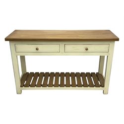 Fired Earth - contemporary Bastide style console table, oak top over cream painted frame fitted with two drawers and turned wooden handles, above a slatted oak undertier, raised on square supports