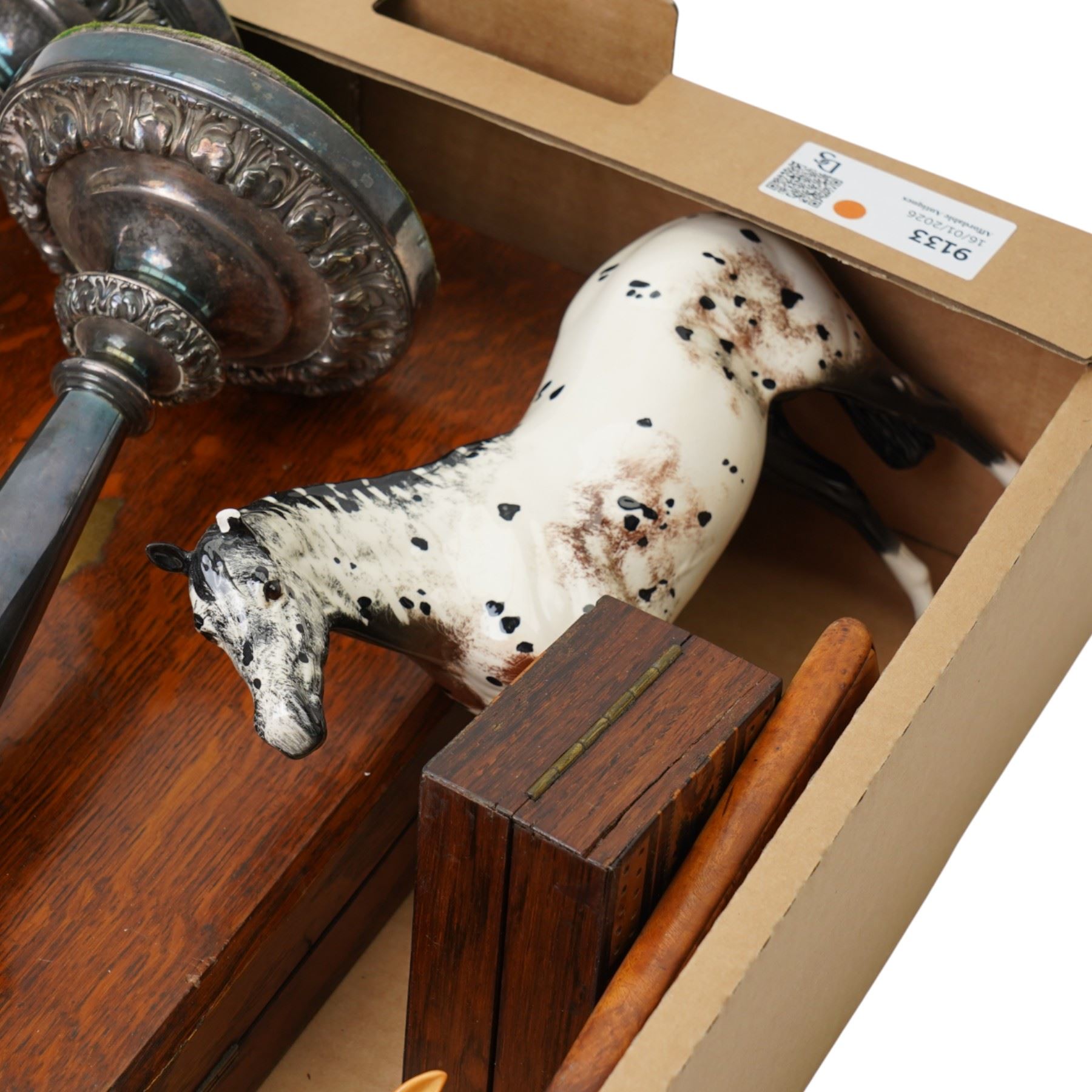 Beswick horses, Appaloosa and Palomino racehorse together with plated candlesticks, cased fish cutlery and wooden boxes 