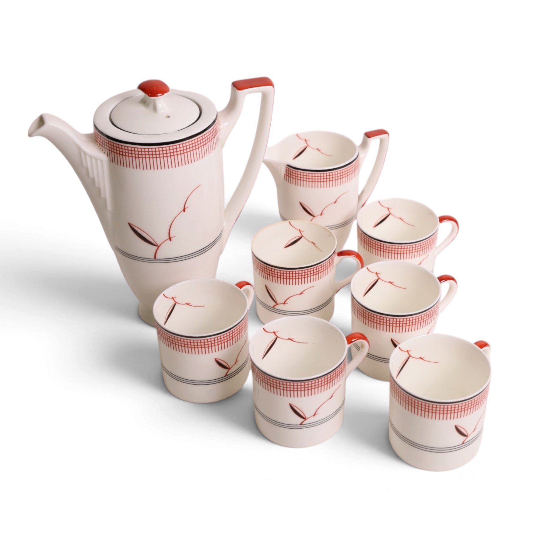 Royal Doulton Art Deco coffee service for six in Vane pattern, comprising coffee pot, milk jug, open saucier, coffee cans and saucers  