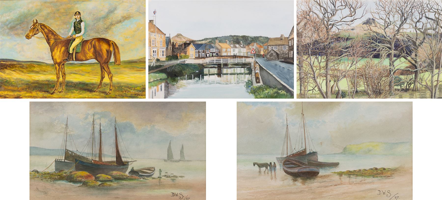 R Livingstone (English School 20th Century): Jockey on Horseback - potentially Lester Piggott, oil on wood panel signed; S Sparke (British 20th century): Roseberry Topping, pair of watercolours signed, one dated '84, and D W S (English School 20th Century): Boats Washed Up on the Beach, pair of watercolours signed with initials and dated '27, max 20cm x 45cm (5)