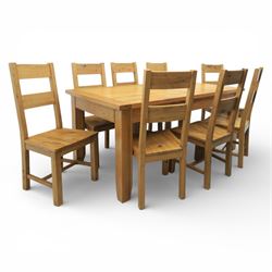 Modern light oak rectangular dining table, and eight high back chairs, stowable leaves extending to 270cm