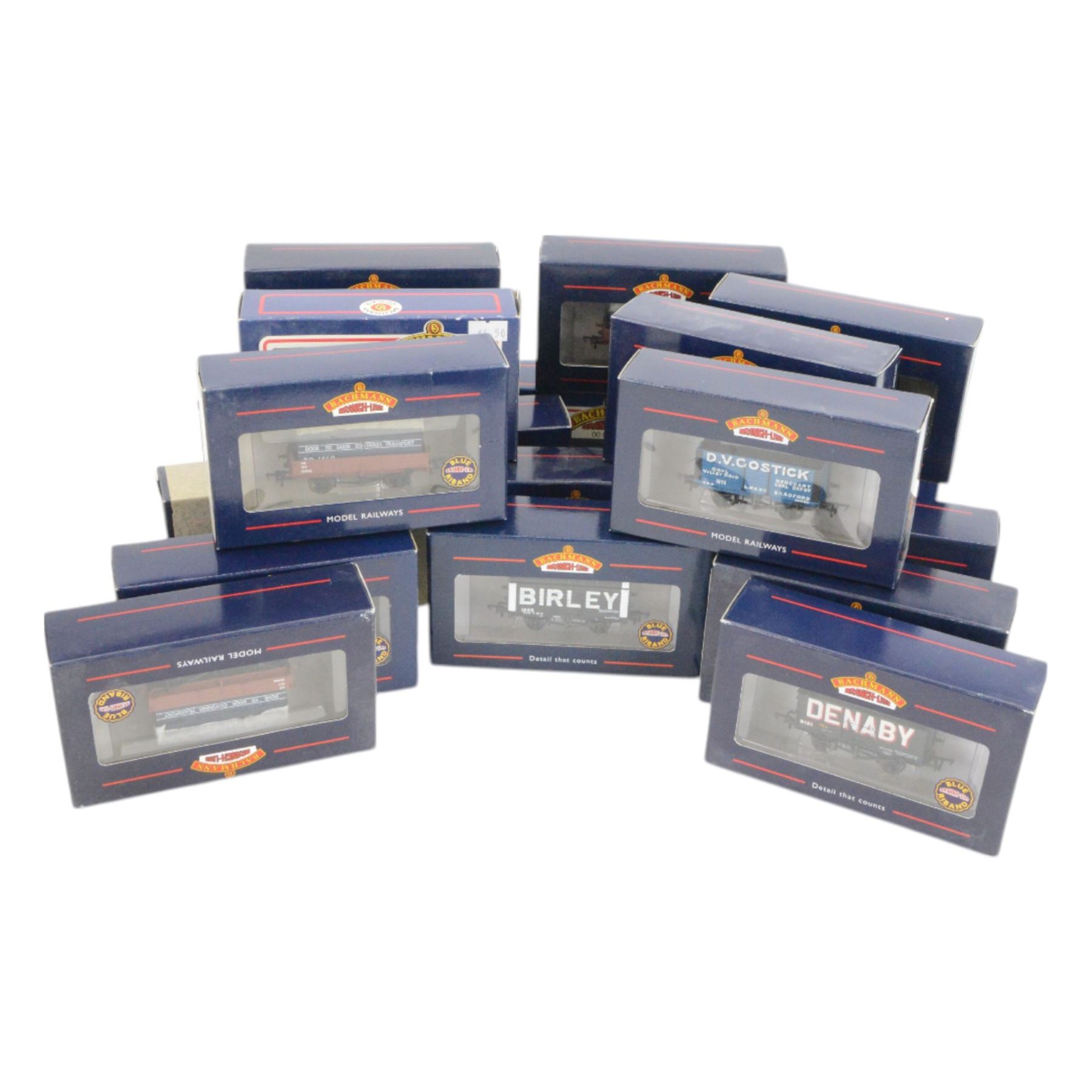 Twenty Bachmann 00 gauge plank wagons, including 37106 7 Plank Wagon 'Royal Leamington Spa' and 37126 8 Plank End Door Wagon 'Izal' examples, all boxed