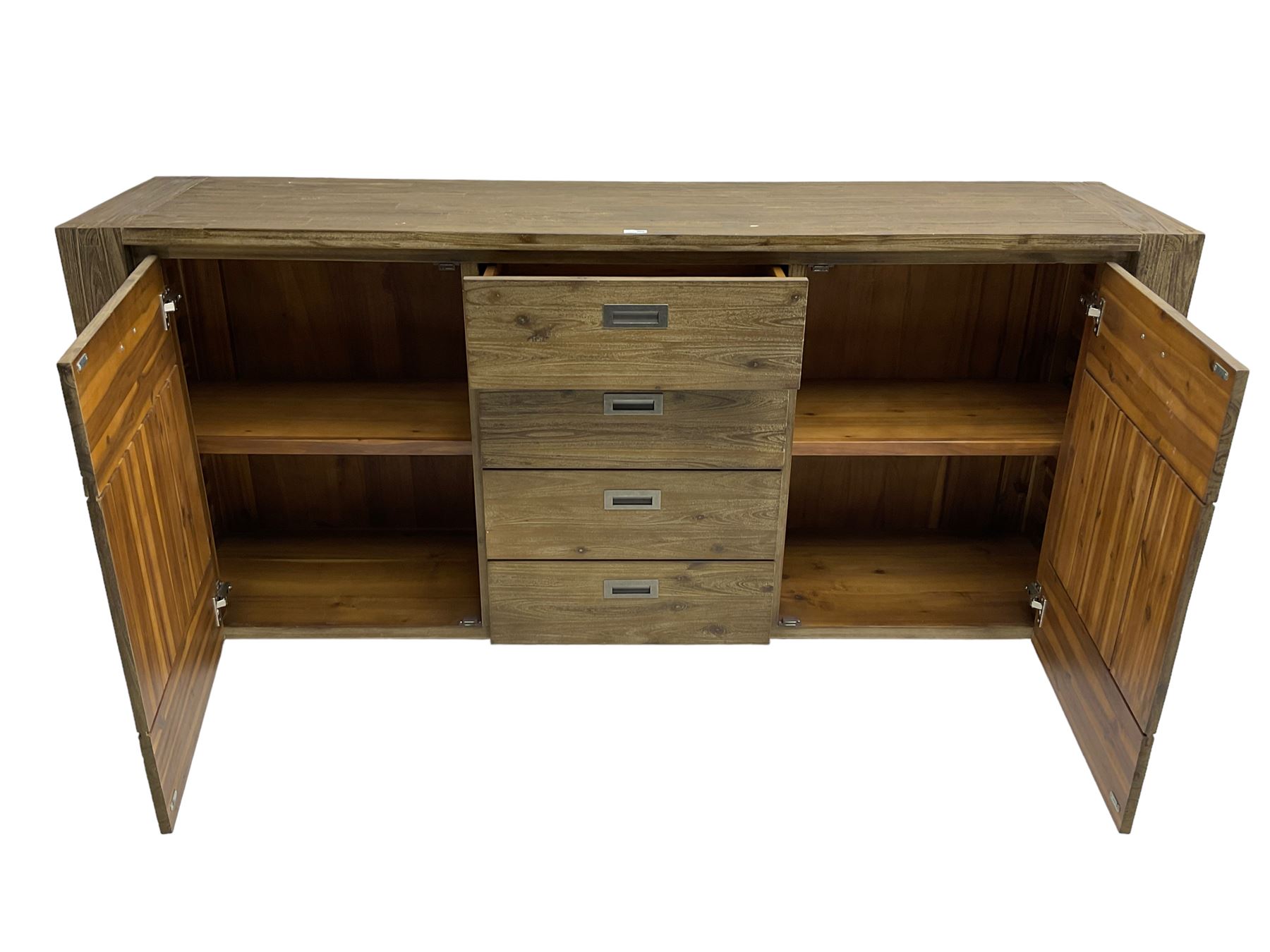 Contemporary hardwood sideboard, fitted with four drawers flanked by two cupboards, each with recessed metal handles
