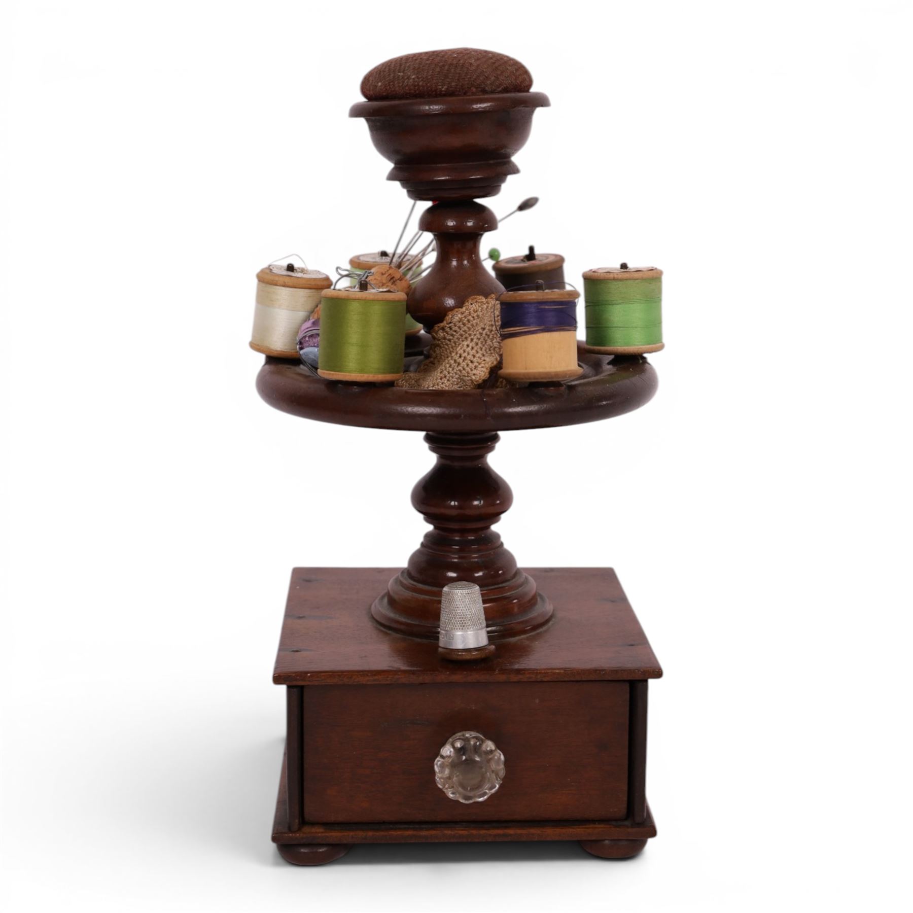 Victorian mahogany bobbin stand, together with pin wheel pin cushion, hat pins other sewing related items, stand H32cm