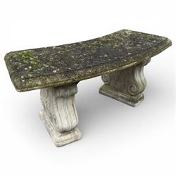 Composition stone garden bench with scroll supports