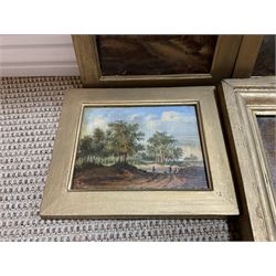 English School (19th century): Country Landscapes, three oils on panel, together with another naive 19th century oil on panel by another hand, max 15cm x 20cm (4)