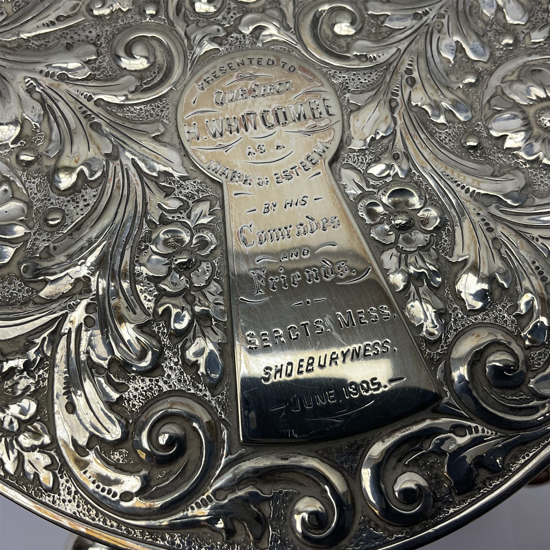 Silver plated, tea caddy, in the form of a heart, with repousse decoration, presented to H Whitcombe, H20cm