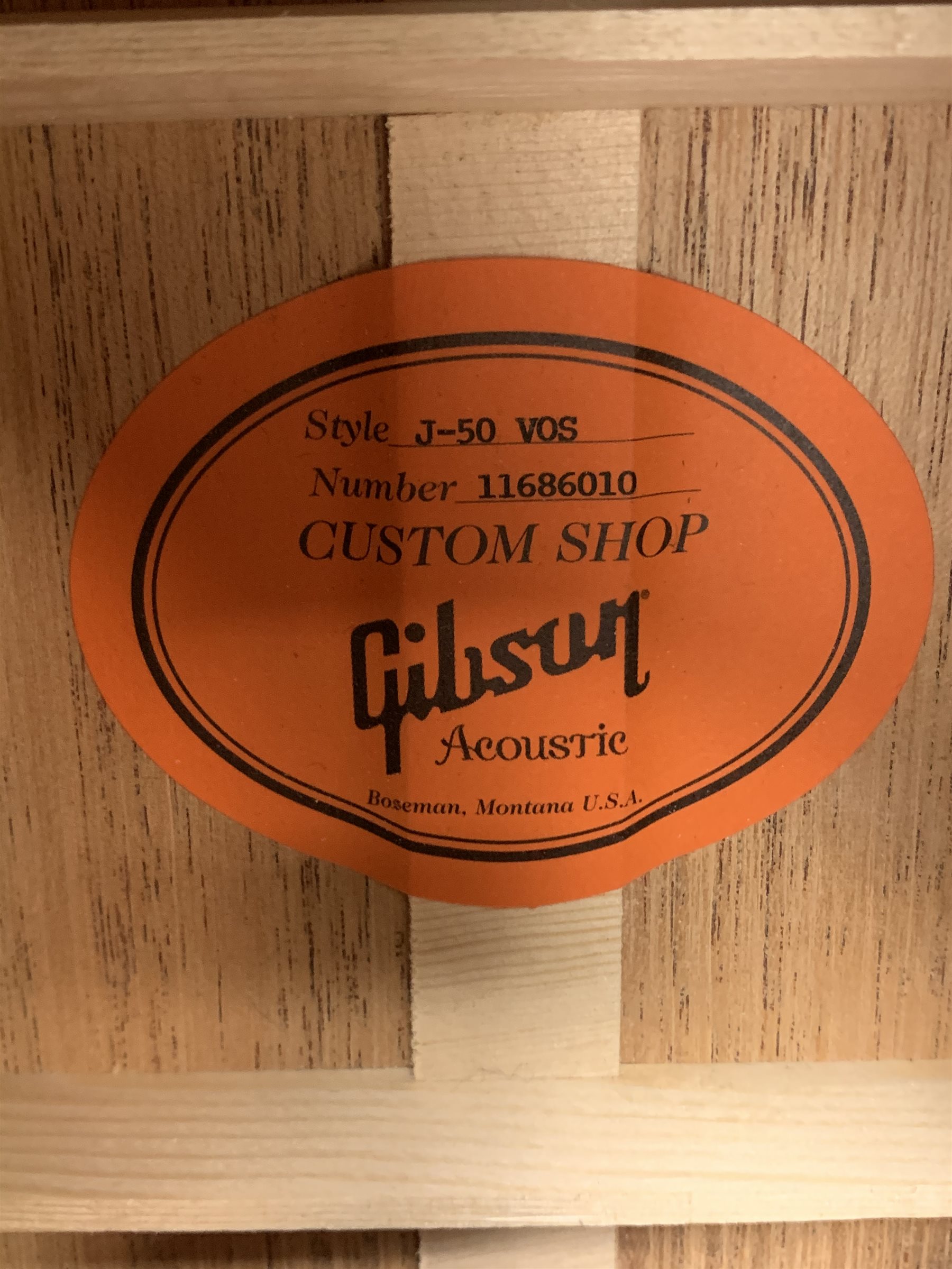Gibson J50 VOS Custom Shop acoustic guitar, model no. 11686010, Deadknot J45 body with sitka spruce top, scalloped wide x bracing pattern, mahogany back, in carrying case with Gibson certificate of authenticity