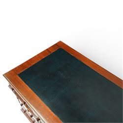 Victorian mahogany pedestal desk, rectangular moulded top inset with green leather writing surface with gilt tooling, fitted with three frieze drawers above opposing pedestals each fitted with three drawers, all with turned wooden knob handles, plinth bases