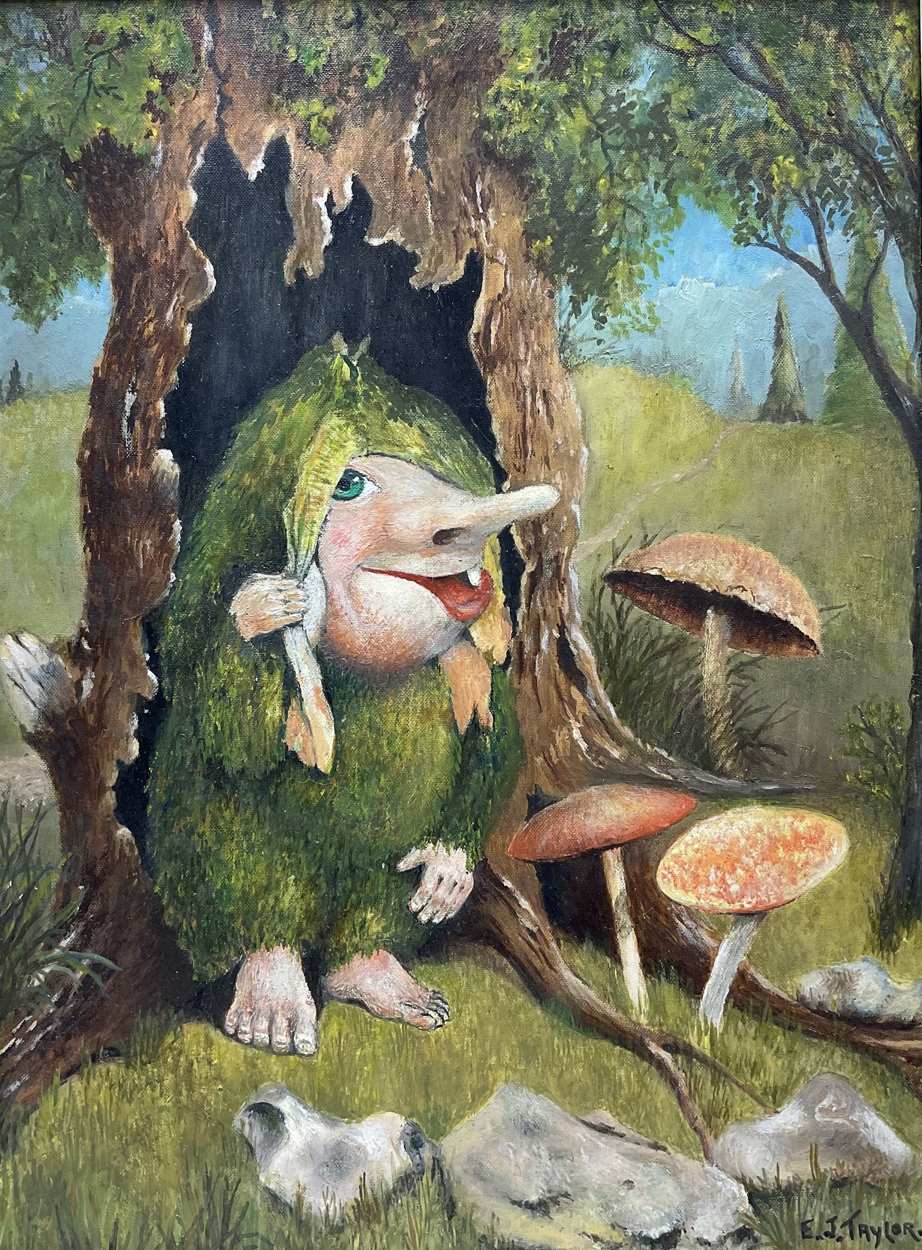 EJ Taylor (British 20th century): Woodland Troll with Fly Agaric, oil on board signed; M Richardson (British 20th century): 'Whitcliffe Lane', watercolour signed and titled max 34cm x 37cm (2)