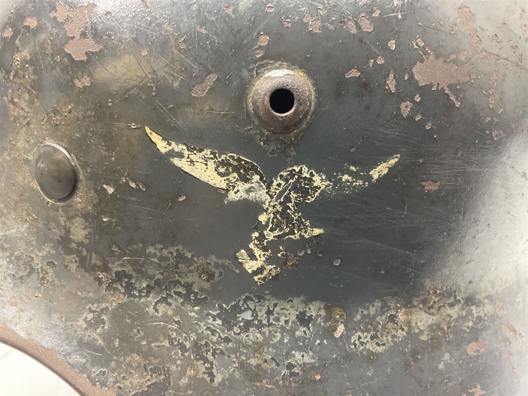 WW2 German Luftwaffe M40 double decal steel helmet with liner and chin strap; impressed 506 to back skirt; indistinct stencil type name(?) to inside