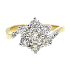  18ct gold seven stone flower cluster ring, with diamond set shoulders hallmarked, diamond total weight 1.00 carat  