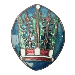 Henry George Murphy (1884-1939), Arts & Crafts enamel panel, of bulbous elliptical form decorated with a stylised crown in green, red and white, upon a turquoise toned ground, H12cm W9cm