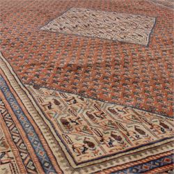 North West Persian Boteh-Mir hand-knotted rug, madder red field decorated with an all-over lattice of small boteh motifs and a central stepped lozenge medallion with repeating stylized boteh and geometric devices, spandrels similarly worked, with multiple narrow borders of floral and geometric bands, in tones of madder red, indigo blue, ivory, and soft green, with cotton fringe ends 