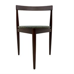 Hans Olsen for Frem Røjle - mid-20th century Danish teak 'Roundette' dining set, comprising a circular dining table raised on four tapering supports, paired with four matching chairs, each with a triangular seat upholstered in floral patterned fabric and raised on three tapering supports