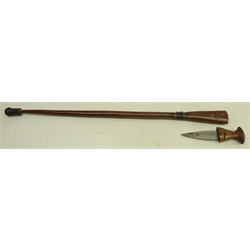  Carved African hardwood walking stick with dagger handle, carved decoration, rubber stopper added to the base, L81cm, blade length 11cm  