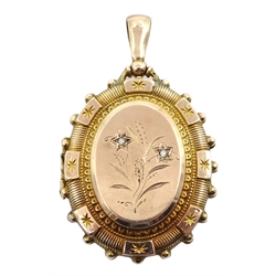  Victorian gold and diamond locket, with engraved flower decoration   