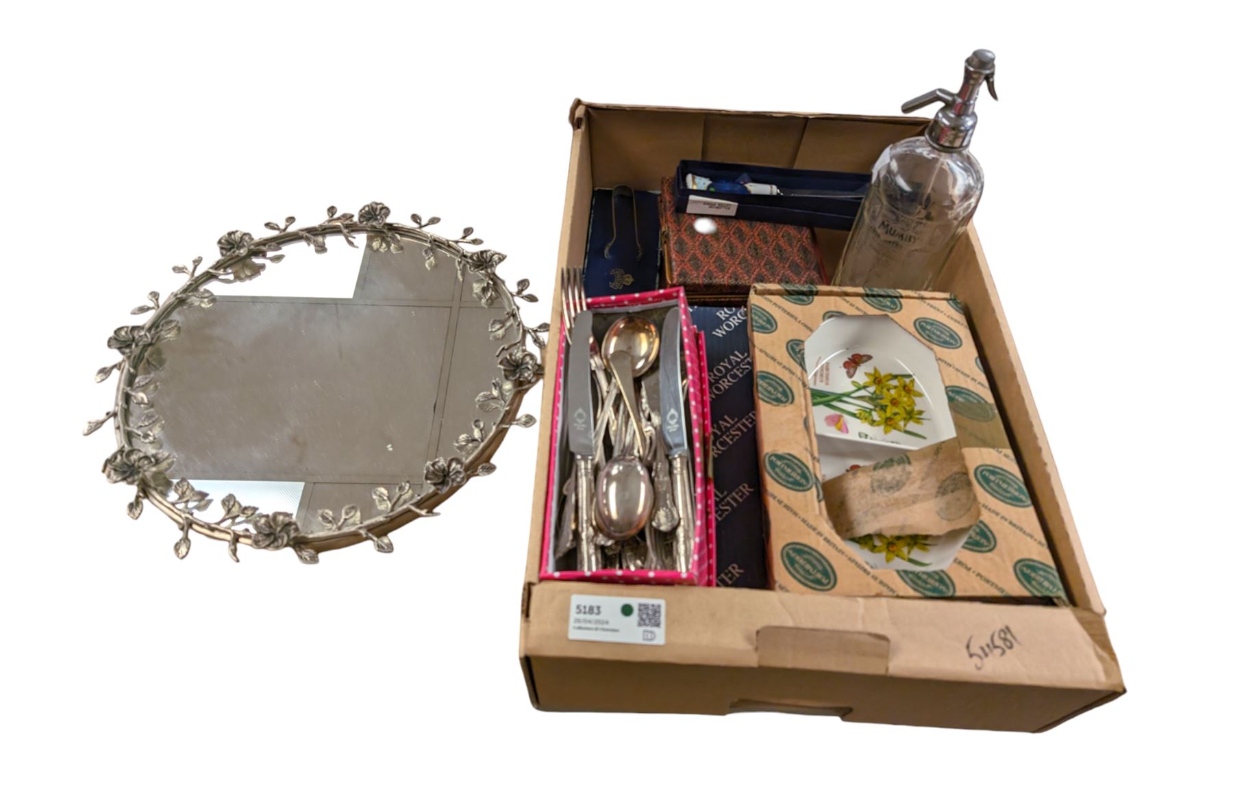 Portmeirion Botanic Garden serving dish, Royal Worcester serving dish, collection of silver plated Kings Pattern cutlery, one silver teaspoon, Mumbys soda bottle, floral mirror, etc
