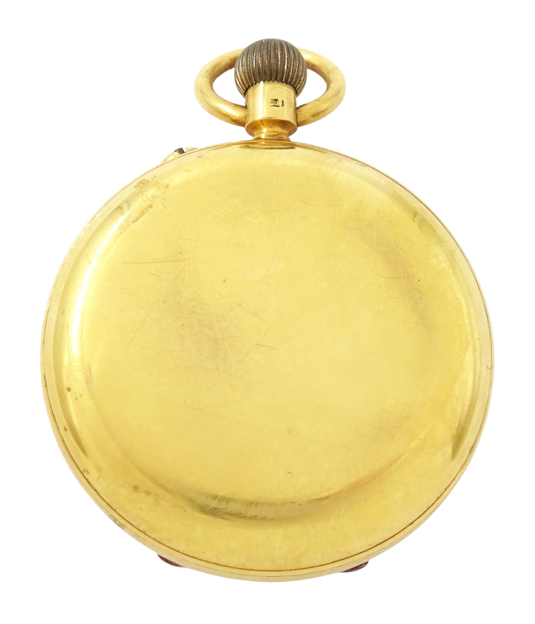 Victorian 18ct gold open face keyless lever pocket watch, No. 24562,  white enamel dial with Roman numeral hour markers and subsidiary seconds dial, case hallmarked Chester 1899