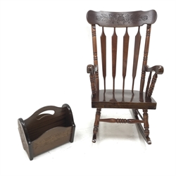 Victorian style sapele framed lath back rocking chair, carved cresting rail, turned supports (W62cm) and similarly carved sapele mahogany magazine rack (2)