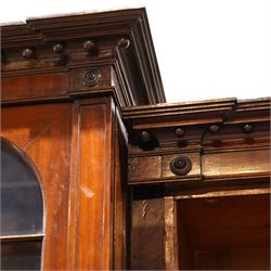 Large Georgian mahogany library bookcase, projecting moulded cornice with row of globular mounts, adjustable shelving enclosed by six astragal glazed doors, fitted with two slides and six panelled cupboard doors, two banks of five drawers, on moulded plinth base; together with two pairs of associated astragal glazed doors in mahogany, from the same property (W55.5cm x H168cm & W48cm x 168cm)